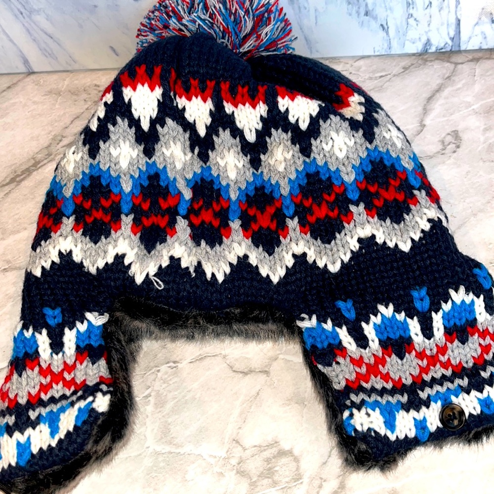 NEW BP faux fur pom pom toboggan beanie hat blue red